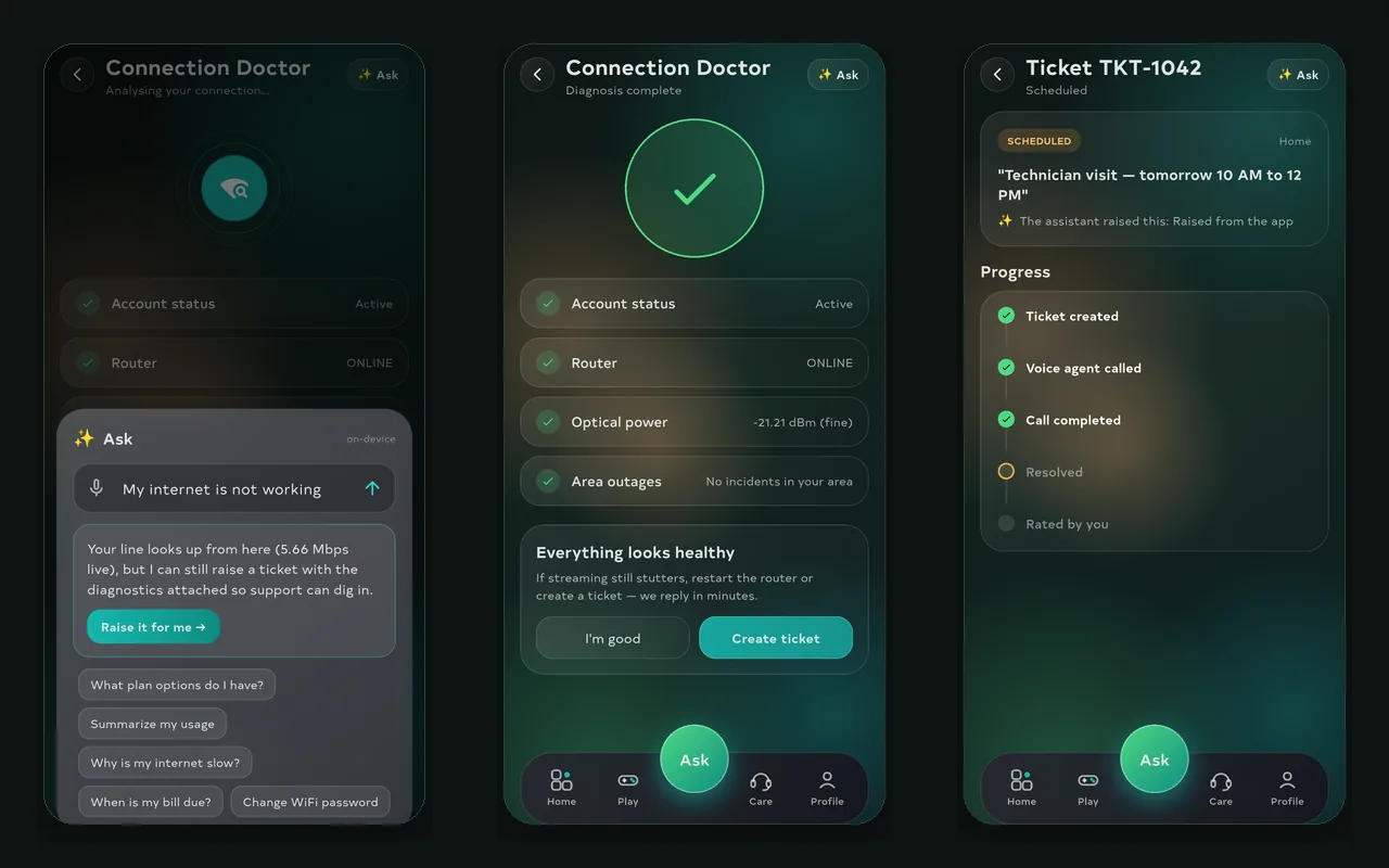 Our in-app assistant on sample data: it checks the customer's line from their account and offers to raise a ticket